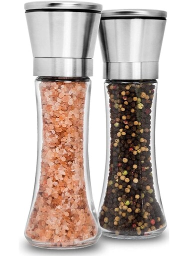 2 Pcs Salt and Pepper Grinder Set, Stainless Steel and Glass Mills with Adjustable Coarseness, 6 oz Transparent Spice Containers, for Kitchen Table Use, Home Dining or Gifts