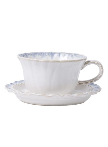 Porcelain Coffee Cup and Saucer Set - Blue - White Floral Rim, Embossed Design, Elegant Tea/Coffee Drinkware
