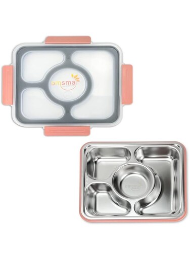 Omsma Stainless Steel Lunch Box Leak proof 4 compartments for kids adults - Peach Pink