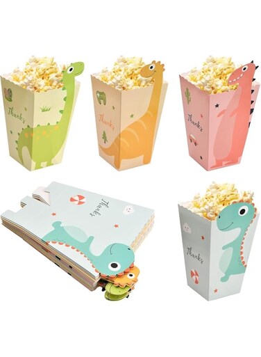 Azonee Popcorn Favor Boxes, 24 Pcs Cute Dinosaur Popcorn Bags, 4 Colors Paper Popcorn Holders, Cardboard Popcorn Containers, Popcorn Cartons for Kids Party Birthday Movie Night Carnival Theater