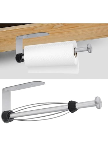 quxup Paper Towel Holder Under Cabinet, Single Hand Operable Wall Mount Paper Towel Holder with Damping Effect, Self-Adhesive or Drilled for Kitchen Bathroom (Silver)