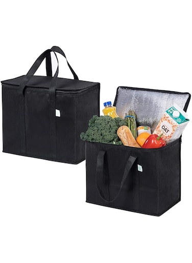 VENO 2 Pack Insulated Reusable Grocery Shopping Bag, Food Delivery, Cooler Bag, Heavy Duty, Large Size, Durable Handles, Dual Tab Zips, Lid, Stands Upright, Collapsible, Sustainable (Black, 2 Pack)