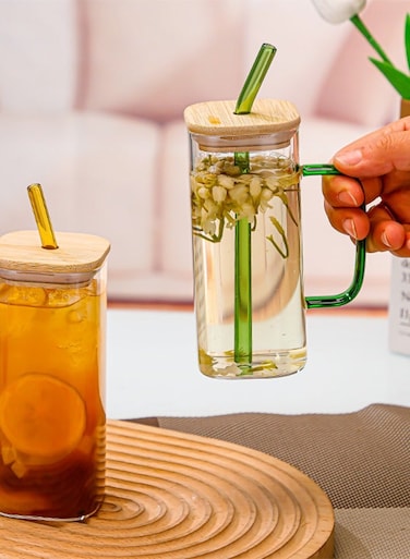 2-Piece Square Glasses with Handles Glacier Cup Drinking Cup Cold Drink Coffee Cup with Straw&iuml;&frac14;&circ;Green and Brown&iuml;&frac14;&permil;
