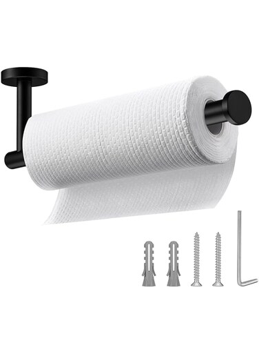 Kwanicas Matte Black Paper Towel Holder,Under Kitchen Cabinet Towel Paper Rack,Wall Mounted Round SUS304 Stainless Steel Dispenser for Bathroom Kitchen Tissue Towel Roll,11 inch