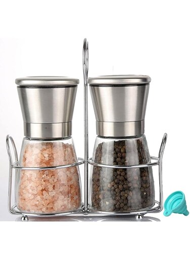 HALAMODO Salt and Pepper Grinder Set with 2 Pepper mill grinders and Holder Stainless Steel Salt and Pepper Shakers Set with Adjustable Pour Holes-Short Glass Peppercorn Grinder