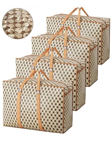 4 Pack Moving Bags,Large Moving Boxes with Zippers And Handles,Moving Supplies with Lids,Heavy Duty Totes For Storage Bags For Space Saving,Fold Flat,Moving And Storing,90*57*26CM,Brown Polka Pots
