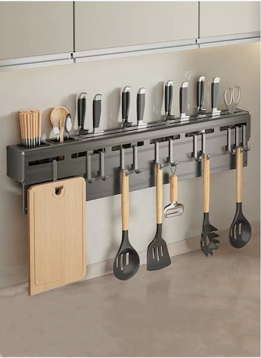 1-Piece Kitchen Knife Storage Rack Kitchen Shelving Kitchen Cutlery Organizer With With Double Cup And 12 Hooks Black 60x6x7 cm