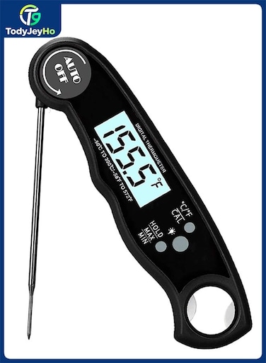 Digital Meat Thermometer, Instant Read Food Thermometer with Backlight LCD Screen, Foldable Long Probe &amp; Auto On/Off, Perfect for Kitchen, BBQ, Water,Meat, Milk, Cooking Food (Black)