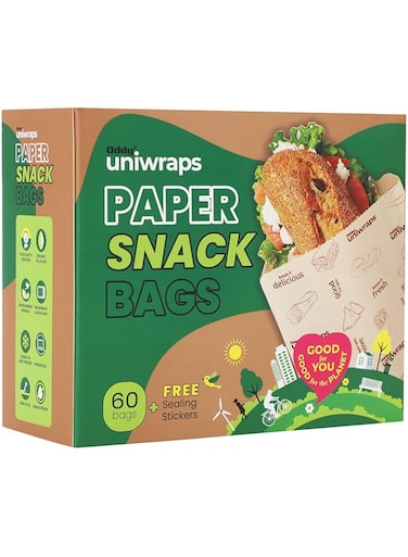 Oddy Uniwraps Multi-Purpose Snack Bags with Sealing Stickers   Pack of 60 Bags, 8x5.5 Inch Each