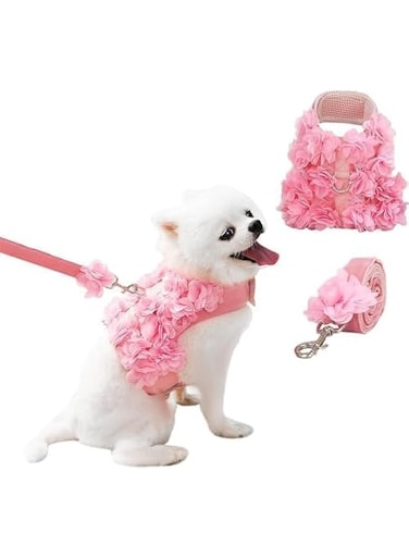 Dog Flower Harness Walking Vest, Dog Dress Harness with Leash, Pet Floral Outfit Harness Spring Summer Autumn Winter Halloween, Escape Proof Outdoor Puppy Princess Skirt for Dogs (Pink, L)
