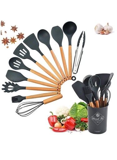 12Pcs Silicone Spatula Set Silicone Cooking Utensil Set Silicone Kitchen Utensil Set Wooden Handles Utensils Tool for Nonstick Cookware Rubber Spatula Set Heat-Resistant Spatula