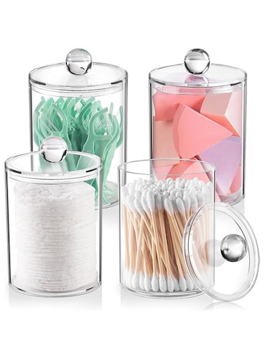 4 Pack Qtip Holder, Apothecary Jars Cotton Ball Holder Dispenser, Bathroom Jars with Lids Set for Cotton Round, Cotton Swab, 10oz Clear Plastic Canisters Restroom Bedroom Vanity Organizer
