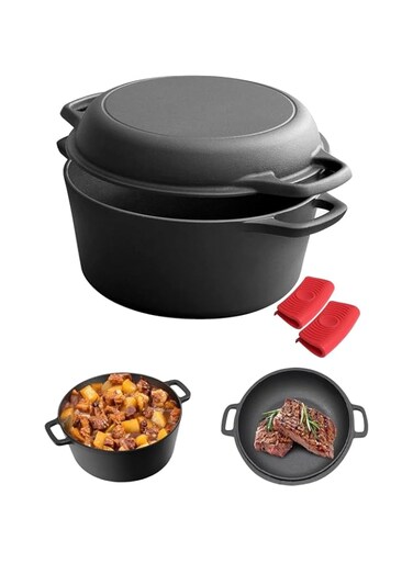 2-in-1 Pre-Seasoned Cast Iron Dutch Oven Pot with Skillet Lid Cooking Pan, Cast Iron Skillet Cookware Pan Set with Dual Handles Indoor Outdoor for Bread, Frying, Baking, Camping,26cm 4.7L