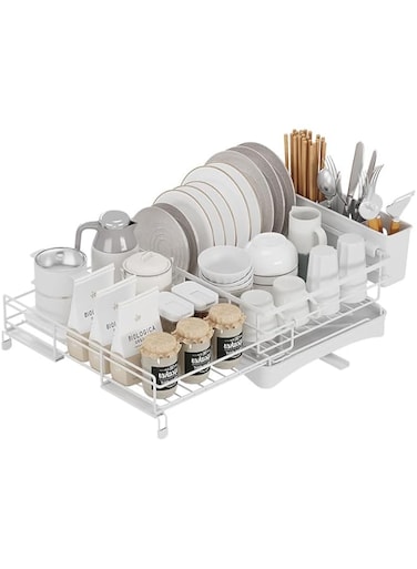 Beauenty Dish Drying Rack, Large Expandable Kitchen Dish Rack with Drainboard, Adjustable Spout Detachable Dish Drying stand with Utensil Holder Knife Slots (White)