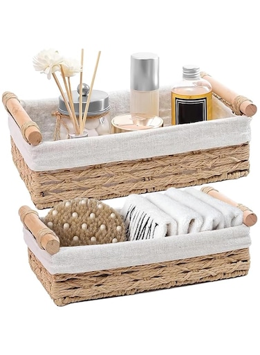 Westhood 2-Pack Rectangle Woven Home Storage Baskets with Washable Liner, Paper Rope Storage Baskets Straw Rattan Basket for Organizing with Handle, Cosmetic Storage Box (Rectangle)