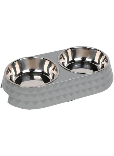 Pawsitiv Dog and Cat Food and Water Dinner Set Bowls, Non-Skid, Removable Stainless Steel Food and Water Dishes for Dogs and Cats, 350ml + 350ml Capacity, Diamond design (Grey)