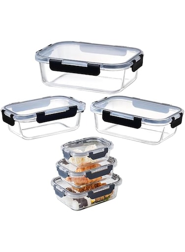 Tycom Glass Meal Prep Containers (3 pcs Rectangle) - Glass Food Storage Containers with Lids, Glass Lunch Box, Portion Control, Airtight, Glass Bento Box Lunch Containers- 3P Rectangle Black