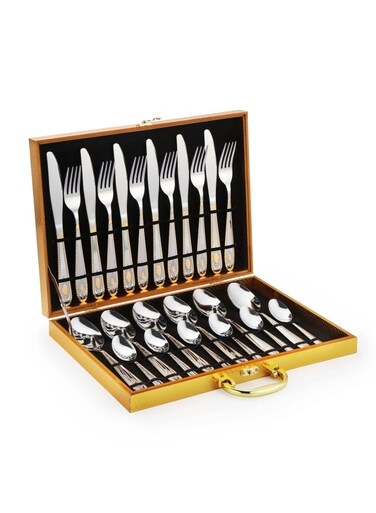 Steel Cutlery 24-Piece Set, Creative Titanium-Plated Western Food Steak Knife, Fork And Spoon Wooden Box Set Gift Box (Silver)