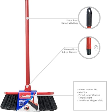 Vileda Standard Indoor Floor Broom with Stick, All Types Of Floors, Perfect Corner Cleaning, Lightweight, Red &amp; Black, 30 x 5 x 140 Cm