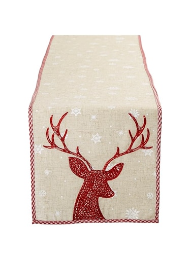 DII Holiday Dining Table Decoration Embroidered Christmas Table Runner, 14x70, Red Reindeer &amp; Snowflakes