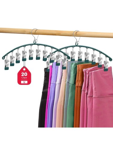 2-Pack Legging and Pants Hangers for Closet, Metal Space-Saving Hangers with 10 Rubber-Coated Clips for Leggings, Skirts, Yoga Pants, Closet Organization (Green)