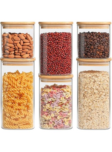 AKDC Set of 6 Square Glass Jar with Bamboo Lid, Kitchen Food Storage Containers Airtight Lids Cereals Canisters Jars for Pasta Spaghetti Tea Coffee Beans Candy Cookies Snacks (2x500+2x1000+2x1500ML)
