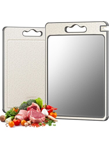 in 1 Cutting Board Double Sided with Built-in Knife Sharpener Wheat Straw and Stainless Steel 304 with Knife Sharpener and Garlic Grinder, Large Non-Slip Kitchen Cutting Board with No Handles for Meat Bread Cheese Vegetable Chicken BBQ