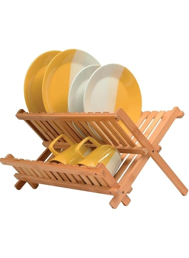 Bamboo Dish Drying Rack, Collapsible 2 Tier Dish Drainer Kitchen Plate Rack for Kitchen Countertop, Foldable &amp; Compact for Space Saving Storage