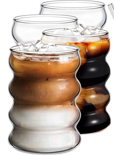 4 Pcs Drinking Glasses with Glass Straw ,12oz Glassware Set, Creative Glass Cups, Ribbed Glassware, Aesthetic Cups