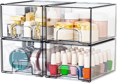 4 Pack Clear Stackable Storage Drawers - 4.4'' Tall Acrylic Makeup Organizer