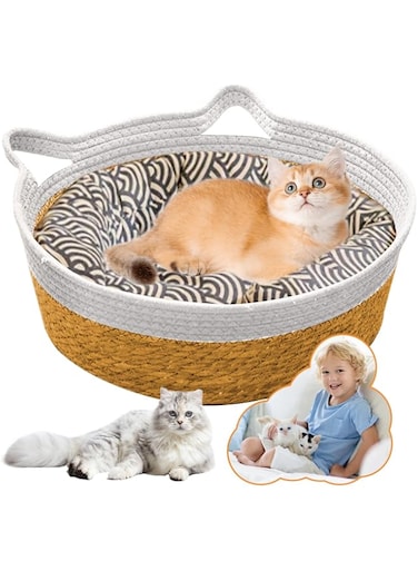 URbazaar Natural Wicker Cat and Dog Cushion Bed, Woven Pet Bed for Cats or Small Dogs, Handmade Braided Cattail Bed with Soft Cushion, Four Season Cozy Nest Baskets for Indoor Pet Puppy Kitten (White)