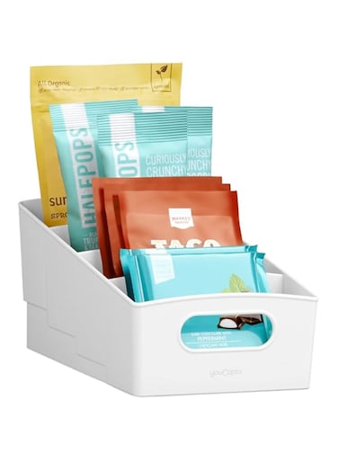 YouCopia ShelfBin 4-Tier Food Packet and Snack Organizer, Small, Divided Compartments for Pantry &amp; Cabinet Storage, Built-in Handle, BPA-Free, White, Size: 10.7" L &times; 6.3" W &times; 5.1" H
