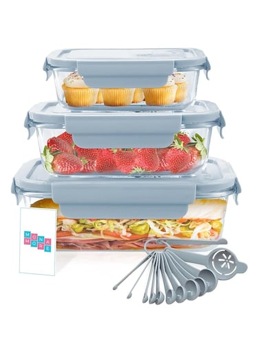 MONA MORE [3-Pack] Glass Kitchen Meal Prep Containers w/ 4 Lasting Snap Locking Lids, Glass Food Storage + 12 Spoon Sets, Microwave/Oven/Freezer &amp; Dishwasher Safe, 100% BPA Free (450ml, 720ml, 1090ml)