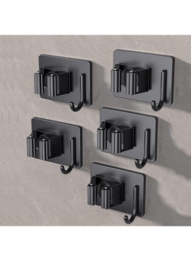 Beauenty 5-Piece Mop And Broom Holder, Waterproof Self-Adhesive Mop Fixing Clip, Stainless Steel Multifunctional Storage Rack For Bathrooms, Kitchens (Black, With Hook)