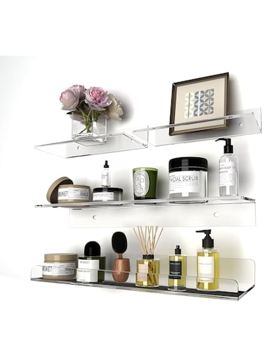 BPA&reg; Acrylic Floating Shelves,Bathroom Shower Shelf,No Drill No Damage Wall Mounted,Clear Invisible,Renter Friendly Shelves Can Be Used in Bedroom, Kitchen, Living Room, Bathroom,Office (4 Pack)