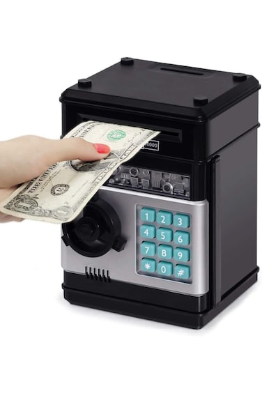 Electronic Piggy Bank &ndash; ATM Money Safe for Kids &amp; Adults, Coin &amp; Cash Saving Box (Black)