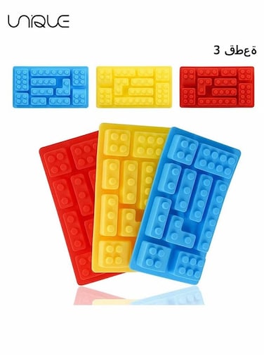 3 Pcs Building Block Mould - Ice Cube Tray Block Chocolate and Candy Molds Silicone - Non-Stick Robots Cars Brick Fondant Cake Pop Molds(Red/Yellow/Blue)