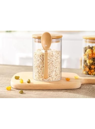 Glass Jar Container, Glass Jars with Airtight and Spoon, Airtight Glass Canister with Natural Bamboo Lid and Spoon, Glass Food Jars with Spoon for Coffee Beans, Tea,Sugar,Nuts,Candy.(1pcs)medium size