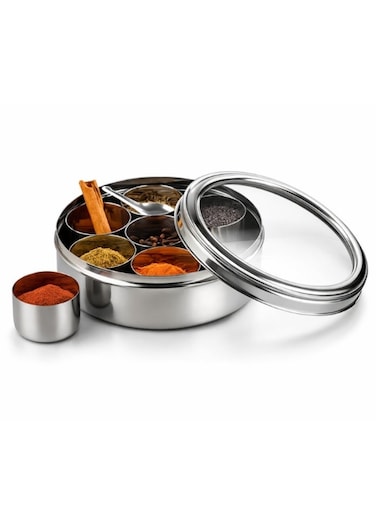 Spice Box with Clear Lid Container Masala Dabba With 7 Compartments, Stainless Steel Masala Box 18cm