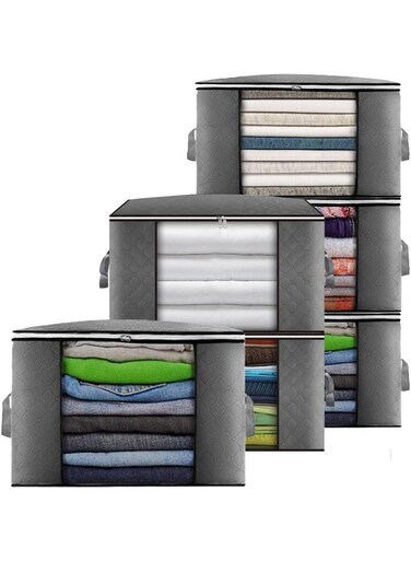 6 Pack 90L Large Storage Bags with Zipper &amp; Window, Foldable Clothes Organizer with Lid for Comforters, Blankets, Bed Linen, Gray Diamond Quilted Containers for Home &amp; Closet