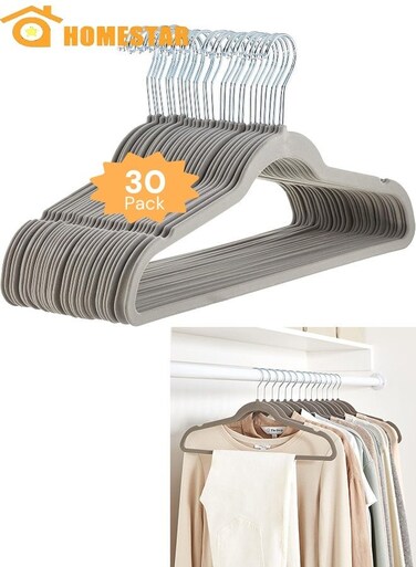 Velvet Hangers 30 Pack, Non-Slip Premium Hangers for Clothes, Felt heavy Duty Coat Hangers with 360&Acirc;&deg; Swivel Hooks for Suits, Jackets, Trousers, Jeans, Grey