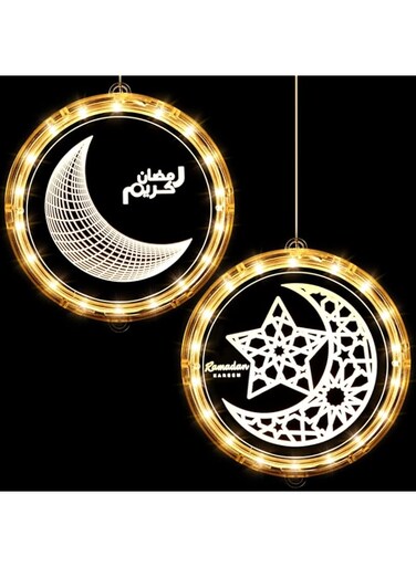 Hortsun 2 Pieces Eid Ramadan Decorative Window Lights Moon Star LED Lights Ramadan Lights Decorations for Eid Mubarak Xmas Eve Wall Pathway Patio Bedroom Window Decoration (Star Style)