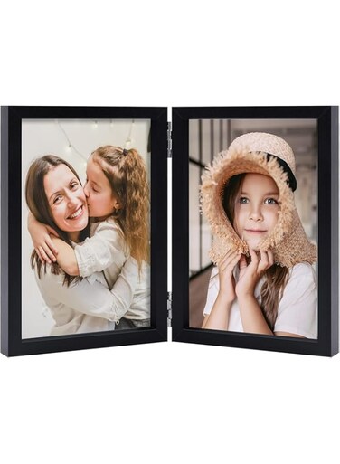 Photo Frame, 4x6 Double Picture Frame Collage, Wood Photo Frame with Plexiglass for Tabletop Display, Folding Photo Frame 2 Vertical Openings Stand on Desktop Tabletop