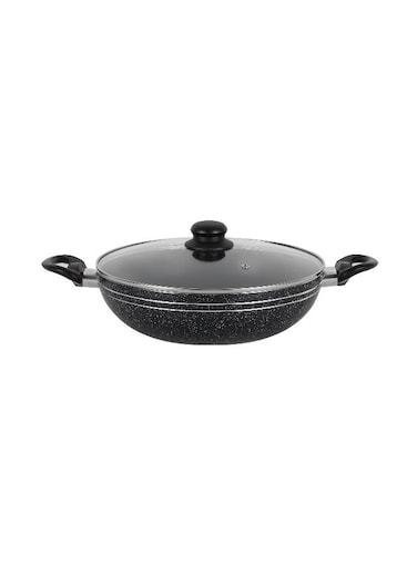 Elight Series 32 cm Aluminum Wokpan with Nonstick Coating- RF11886/ with Tempered Glass Lid and Soft Touch Bakelite Handles, 3 Layer Construction/ Induction Compatible, Perfect for Deep and Shallow Frying/ Black