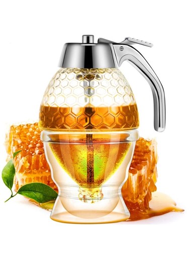 Acrylic Honey Dispenser with Stand Comb Shaped Honey Pot, No Drip Syrup and Sugar Jar Pot with High Capacity Pourer Dispenser