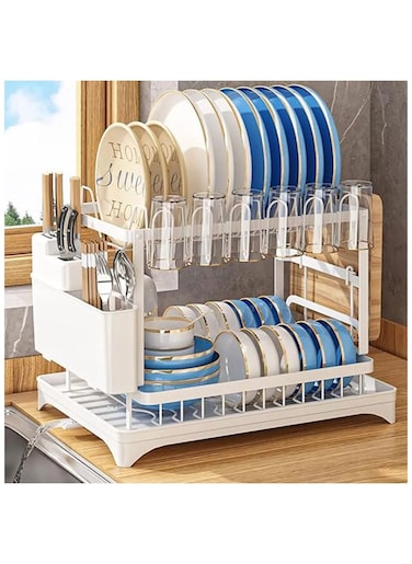 Kitchen Drying Rack Two Tier,Stainless Steel Dish Rack for Kitchen Counter, Dish Drainers for Kitchen Counter with Drainboard, Metal Kitchen Dish Rack with Drain