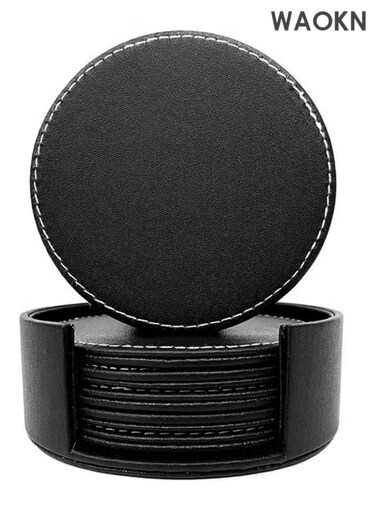 Drinks Coasters 6pcs with Holder, PU Leather Coffee Cup Pads Black Round Table Mats for Bar Kitchen Dinning, Avoid Water Stains or Damage Furniture, Housewarming Gift Idea for Home DecorationProtect Table from Stains
