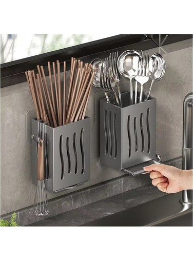 2 Multifunctional Cutlery Spoon Holder Storage Stand with Draining Tray Wall-Mounted Freestanding Utensil Rack Organizer Thickened ABS Material for Kitchen (Grey, 8.5x6.6x12.5 CM)