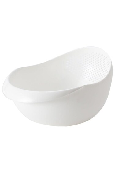 Rice Strainer and Colander Bowl with Side Drainer, Food Grade Plastic Rice Beans Peas Washing Colander, Vegetable Steamer Basket, Collapsible, Perforated Design (White)