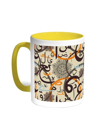 Arabic Letters Printed Coffee Mug Yellow/White 11ounce
